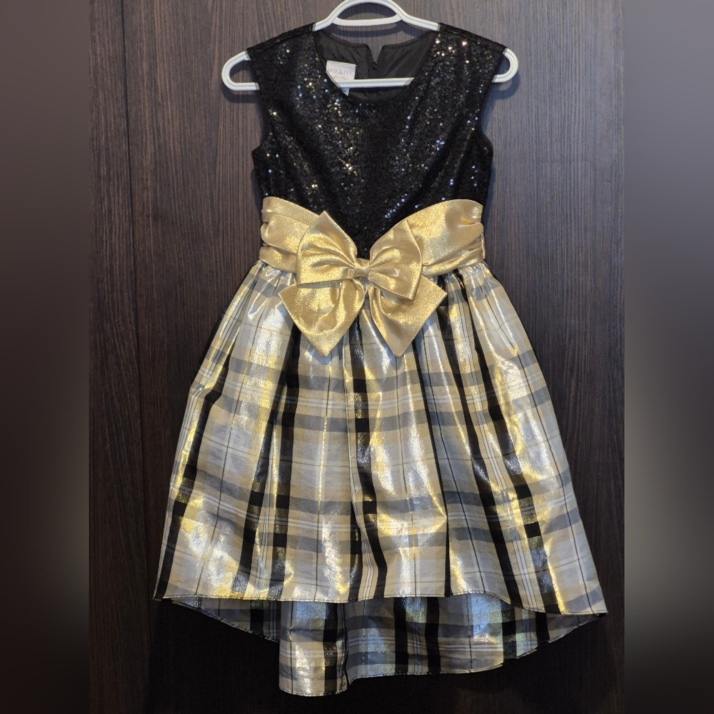 Iris & Ivy Black Sequin and Gold Plaid Kids Dress